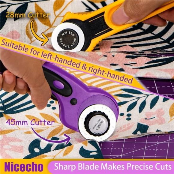 Rotary Cutter Set, Sewing Quilting Supplies,45mm & 28 mm Fabric Cutters,8 Blades - Picture 3 of 6